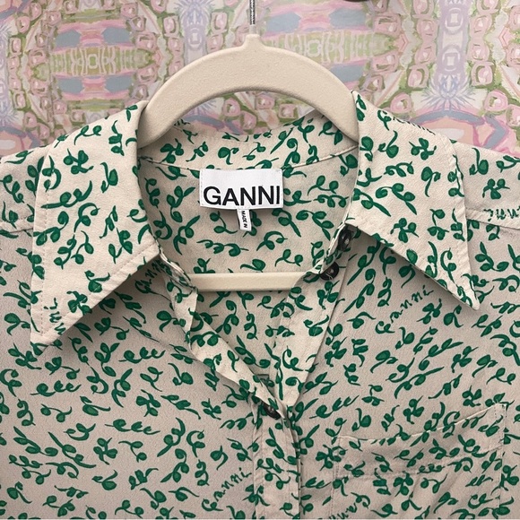 Ganni Leap Print Crepe Shirt Button Down Blouse Green Long Sleeve Ivory - Picture 5 of 6